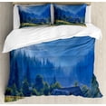 thumbnail image 1 of Rustic Duvet Cover Set, Mountain Village Ukraine Rising Sun Pine Trees Forest Wooden House Nostalgic Photo, Decorative 3 Piece Bedding Set with 2 Pillow Shams, King Size, Green Blue, by Ambesonne, 1 of 3