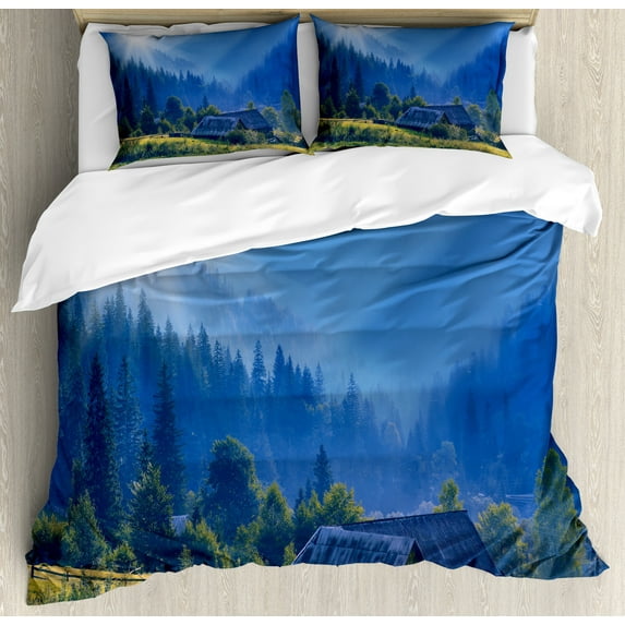 Rustic Duvet Cover Set, Mountain Village Ukraine Rising Sun Pine Trees Forest Wooden House Nostalgic Photo, Decorative 3 Piece Bedding Set with 2 Pillow Shams, King Size, Green Blue, by Ambesonne