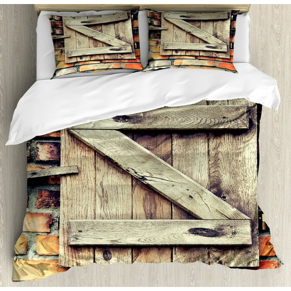 Rustic Duvet Cover Set, Natural Material Wooden Window of a Red Brick Country House Idyllic Pastoral Theme, Decorative 3 Piece Bedding Set with 2 Pillow Shams, Calking Size, Pale Brown, by Ambesonne