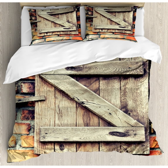 Rustic Duvet Cover Set, Natural Material Wooden Window of a Red Brick Country House Idyllic Pastoral Theme, Decorative 3 Piece Bedding Set with 2 Pillow Shams, Queen Size, Pale Brown, by Ambesonne