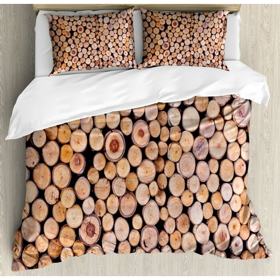 Rustic Duvet Cover Set Queen Size, Mass of Wood Logs Forest Tree Ecology Industry Group of Cut Lumber Circle Stack Image, Decorative 3 Piece Bedding Set with 2 Pillow Shams, Cream, by Ambesonne