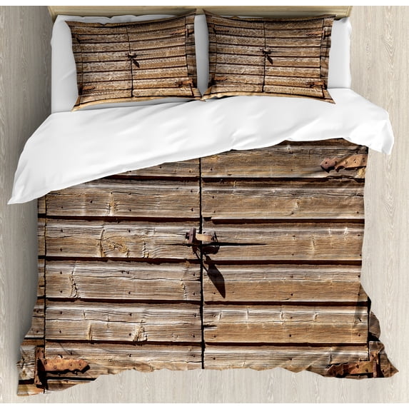 Rustic Duvet Cover Set Queen Size, Old Wooden Aged Barn Door with Padlock Abandoned Vintage Farmhouse Rural Village Photo, Decorative 3 Piece Bedding Set with 2 Pillow Shams, Brown, by Ambesonne