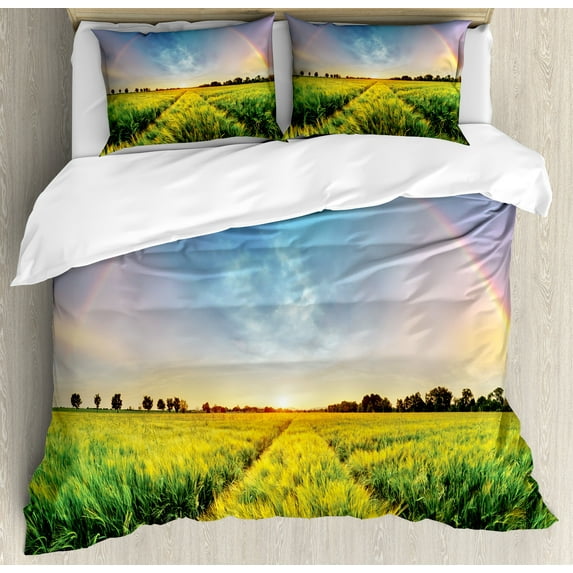 Rustic Duvet Cover Set, Rainbow in Sky over Wheat Field at Sunset Natural Paradise Rural Life Illustration, Decorative 3 Piece Bedding Set with 2 Pillow Shams, Calking Size, Green Yellow, by Ambesonne