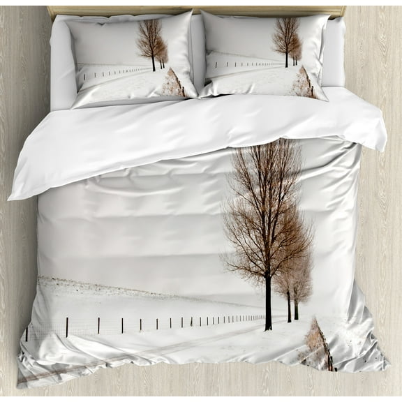 Rustic Duvet Cover Set, Row of Large and Bare Beech Trees in Snow Covered Winter Frozen Photography Art, Decorative 3 Piece Bedding Set with 2 Pillow Shams, King Size, White Brown, by Ambesonne