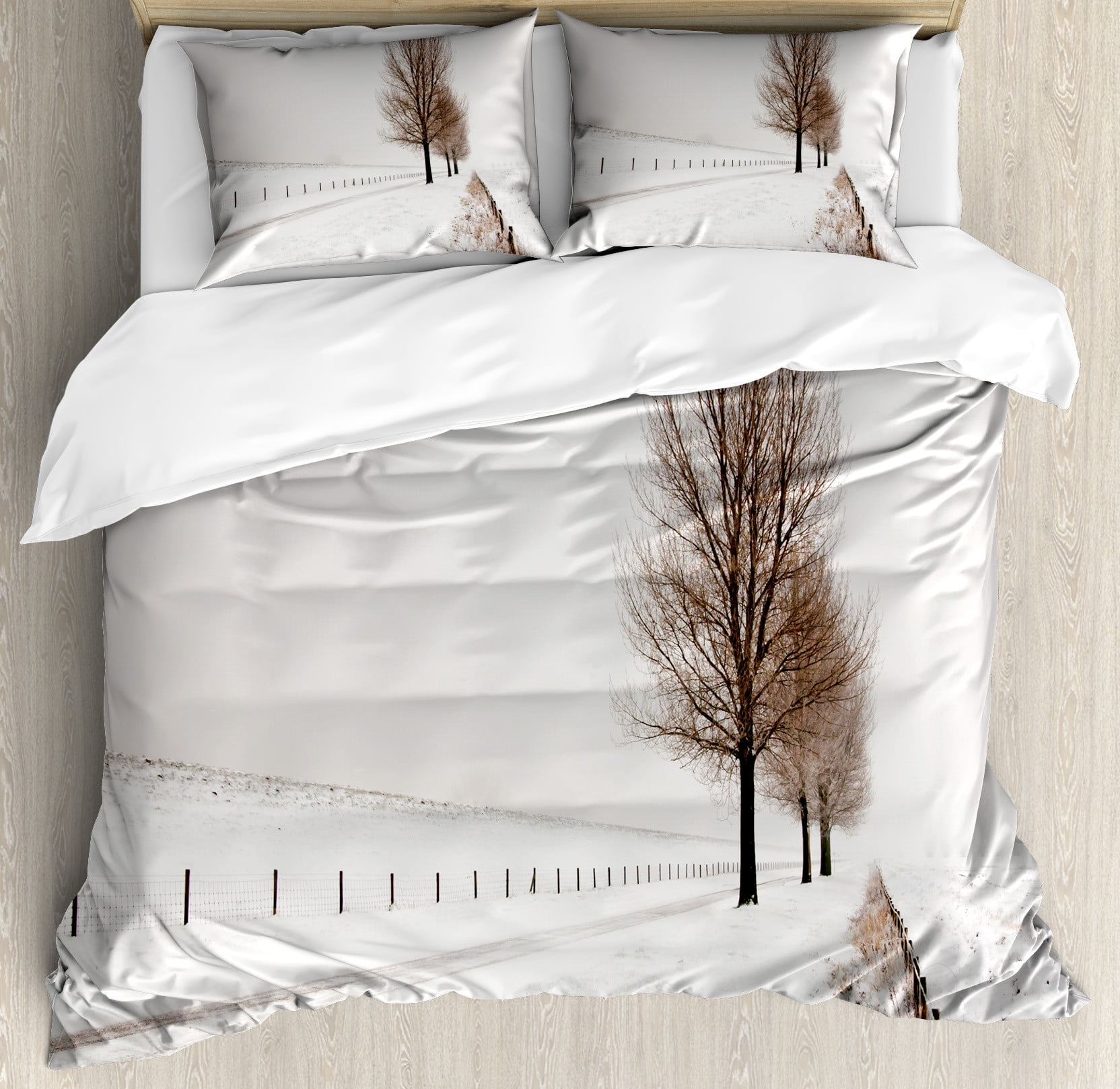 Queen Size White and Brown Winter Tree Duvet Cover Set
