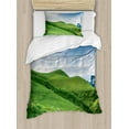 thumbnail image 1 of Rustic Duvet Cover Set, Sheep Under Blue Sky Trees Grassland Highland Nature Landscape Scenery Picture, Decorative 2 Piece Bedding Set with 1 Pillow Shams, Twin Size, Green White, by Ambesonne, 1 of 3