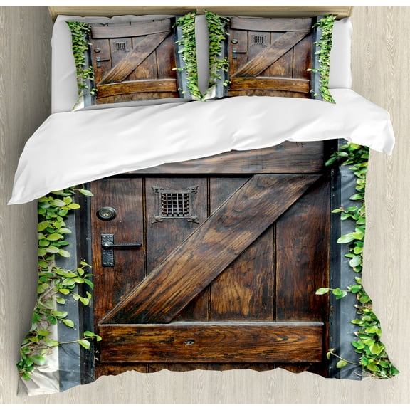Rustic Duvet Cover Set, Small Spanish Style Dark Stained Wood Door Secret Garden with Grated Window Picture, Decorative 3 Piece Bedding Set with 2 Pillow Shams, King Size, Brown Green, by Ambesonne