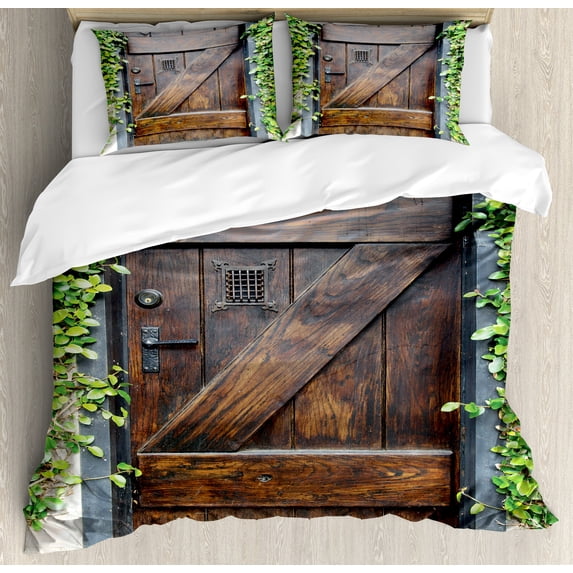 Rustic Duvet Cover Set, Small Spanish Style Dark Stained Wood Door Secret Garden with Grated Window Picture, Decorative 3 Piece Bedding Set with 2 Pillow Shams, Queen Size, Brown Green, by Ambesonne