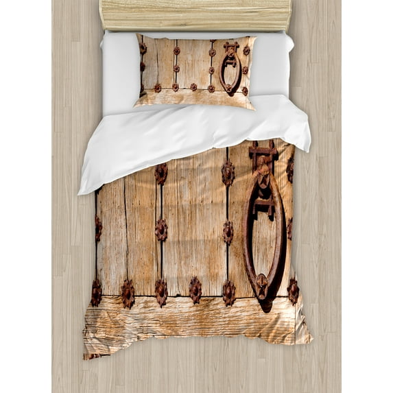 Rustic Duvet Cover Set, Spanish Entrance of Rusty Medieval Style Handlers Archway Facade Historical Image, Decorative 2 Piece Bedding Set with 1 Pillow Shams, Twin Size, Pale Brown, by Ambesonne
