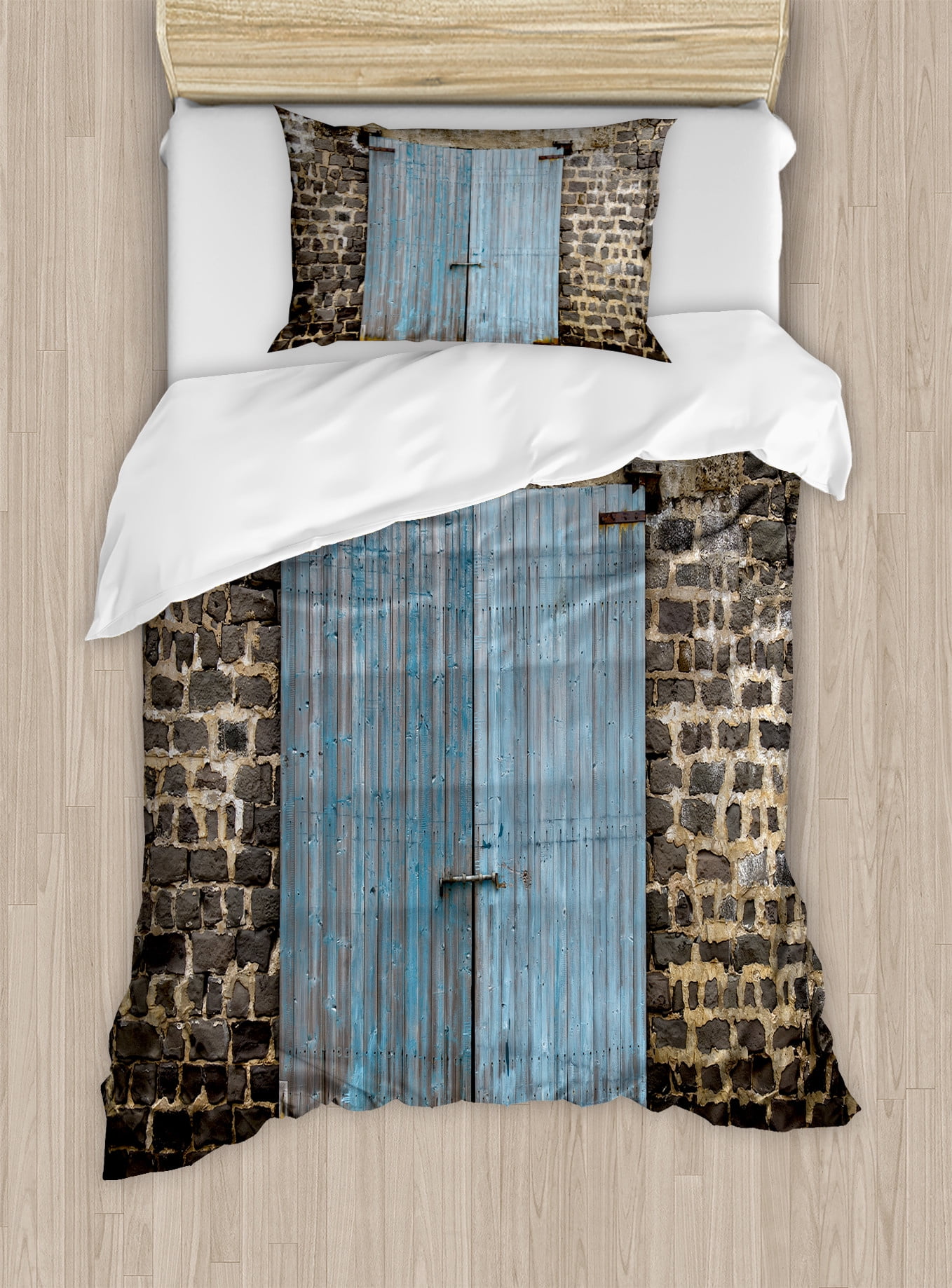 Twin Blue Grey Rustic Stone Wall Duvet Cover Set
