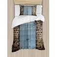 thumbnail image 1 of Rustic Duvet Cover Set, Stone Wall of Dated Closed Barn Gothic Medieval European Urban City Town Scenery, Decorative 2 Piece Bedding Set with 1 Pillow Shams, Twin Size, Blue Grey, by Ambesonne, 1 of 3