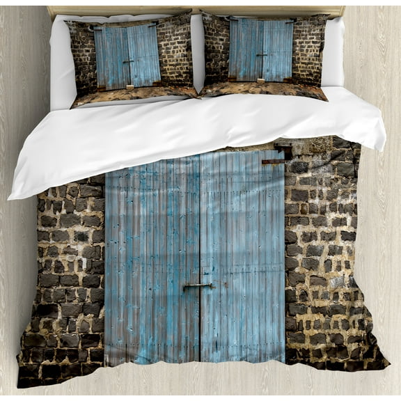 Rustic Duvet Cover Set, Stone Wall of Dated Closed Barn Gothic Medieval European Urban City Town Scenery, Decorative 3 Piece Bedding Set with 2 Pillow Shams, King Size, Blue Grey, by Ambesonne