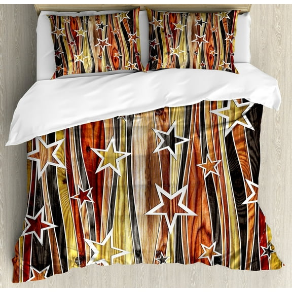 Rustic Duvet Cover Set, Vertical Wavy Stripes Oak Timber Wood Design with Various Star, Decorative 3 Piece Bedding Set with 2 Pillow Shams, Calking Size, Black Pale Coffee Brown, by Ambesonne