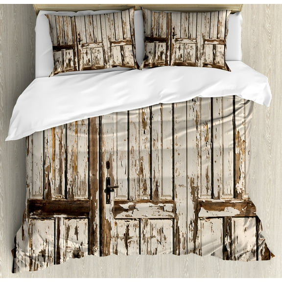 Rustic Duvet Cover Set, Vintage House Entrance Vertical Old Planks Distressed Weathered Hardwood Design, Decorative 3 Piece Bedding Set with 2 Pillow Shams, Calking Size, Brown White, by Ambesonne