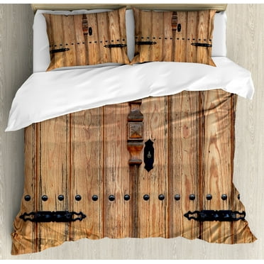 Rustic Duvet Cover Set, Wooden Padlock Door Old Times Inspired Rusty Weathered Details Picture Print, Decorative 3 Piece Bedding Set with 2 Pillow Shams, Calking Size, Pale Brown, by Ambesonne
