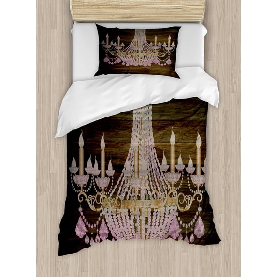 Rustic Duvet Cover Set, Wooden Planks Pattern Background Crystal Chandelier Design Vintage Style Country, Decorative 2 Piece Bedding Set with 1 Pillow Shams, Twin Size, Brown and Pink, by Ambesonne