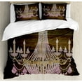 thumbnail image 1 of Rustic Duvet Cover Set, Wooden Planks Pattern Background Crystal Chandelier Design Vintage Style Country, Decorative 3 Piece Bedding Set with 2 Pillow Shams, Calking Size, Brown and Pink, by Ambesonne, 1 of 3