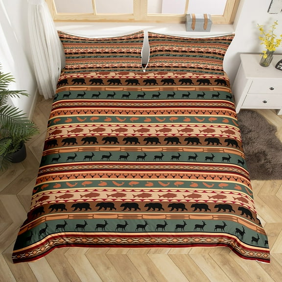 Rustic Duvet Cover Western Bedding Sets Twin,Woodland Wildlife Bear Moose Elk Deer Comforter Cover Hunting Gone Fishing Themed Fish Paddle Lake House Bed Set,Retro Farmhouse Decor
