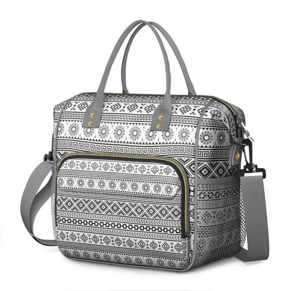 Rustic Earthy Style Lunch Cooler Bag, Large Insulated Lunch Box with Tribal Patterns and Multi-Pockets, Foldable Tote for Work, Gym, or Getaways