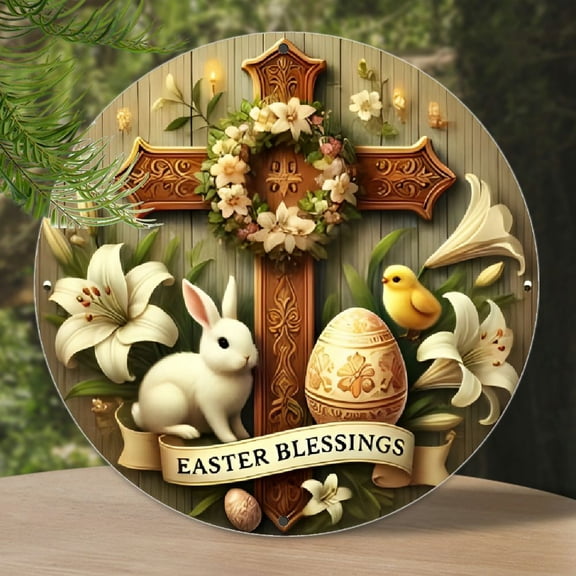 Rustic Easter Blessings Round Metal Sign, Crafted Aluminum Design with Cross, Ideal for Front Door & Patio Decor, Festive Gift