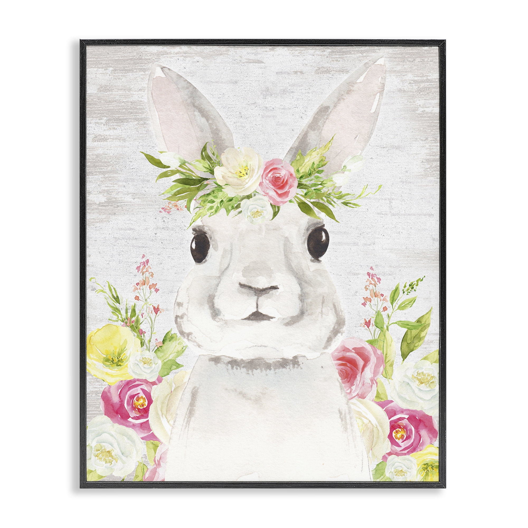 Rustic Easter Bunny Flower Crown Spring Bouquet Black Framed Giclee Art, 24 x 30, By Lettered and Lined