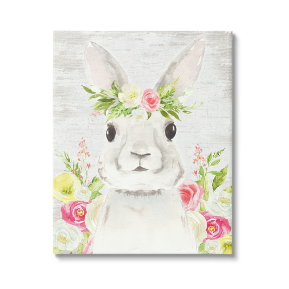 Rustic Easter Bunny Flower Crown Spring Bouquet Animals & Insects Painting Gallery-Wrapped Canvas Print Wall Art