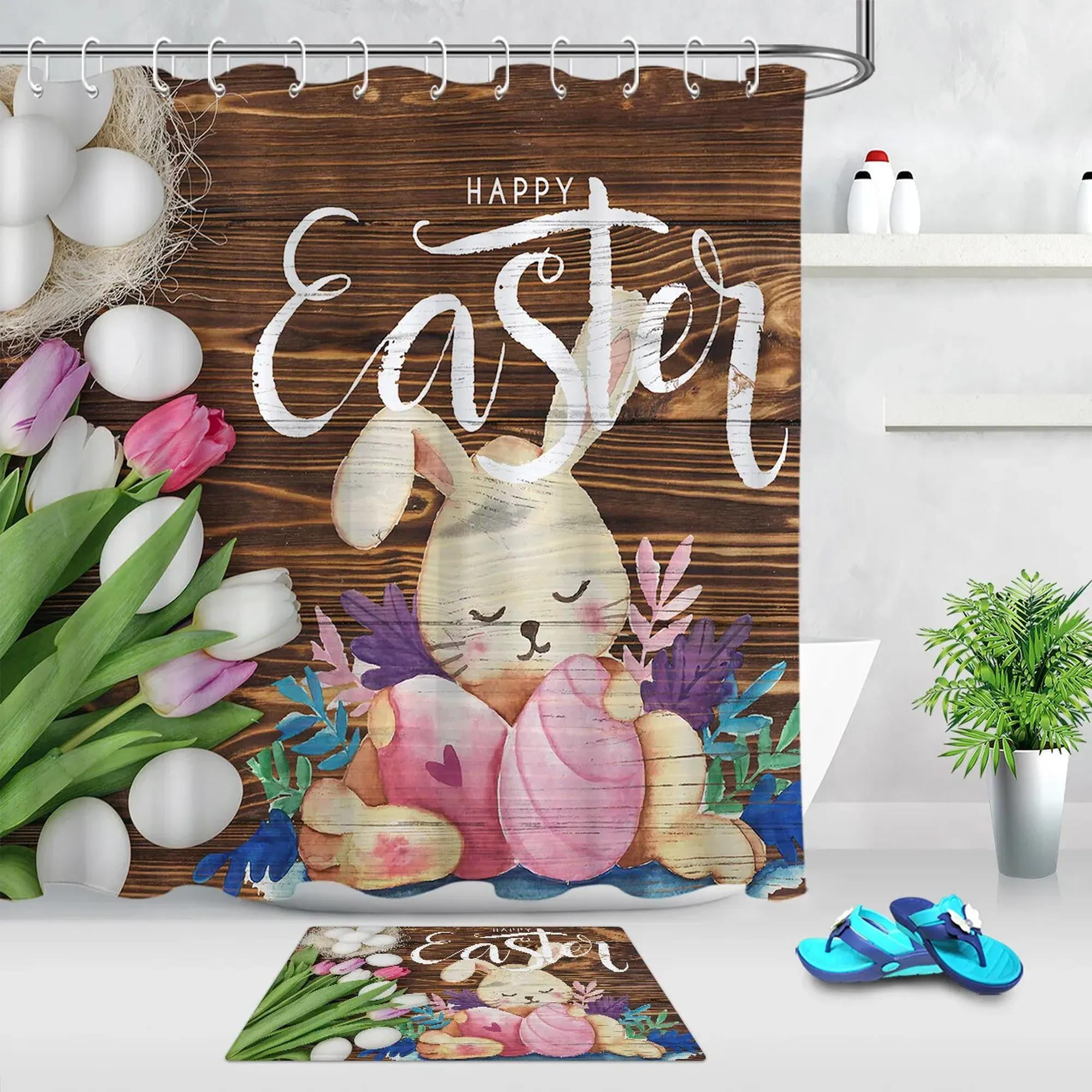 Rustic Easter Bunny Tulip Wood Plank Bathroom Shower Curtain Set Decor