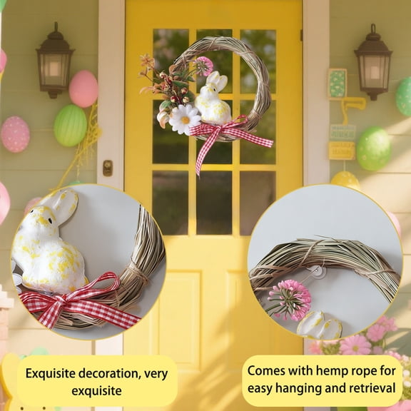 Rustic Easter Bunny Wreath with Colorful Eggs & Burlap Bow for Farmhouse Style Front Door Hanging Decor, Spring Holiday Wall & Porch Decoration for Indoor Outdoor Home Party Accent