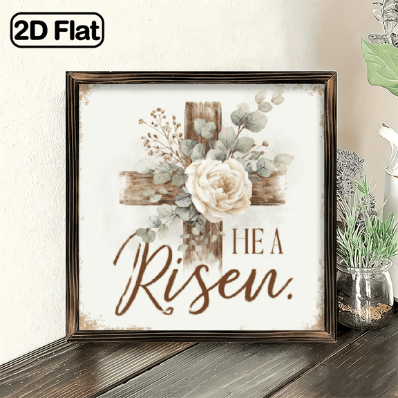 Rustic Easter Decor 1pc He Is Risen Framed Wooden SignVintage Wall Hanging with Cross and Floral Design, Rustic Easter Decor for Home, Kitchen, Bedroom, 8x8 Inch, Home Wall Decor Vintage Wa