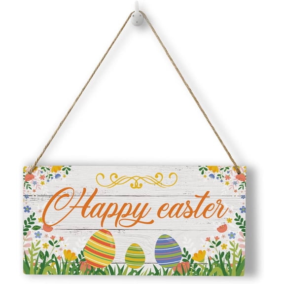 Rustic Easter Decor Wood Wall Art Wall Hanging Decor Funny Spring Home Decor Bunny Easter Eggs Decorations Easter Gift Wooden Decorative Plaque Sign for Home Farmhouse Front Door Happy Easter Sign