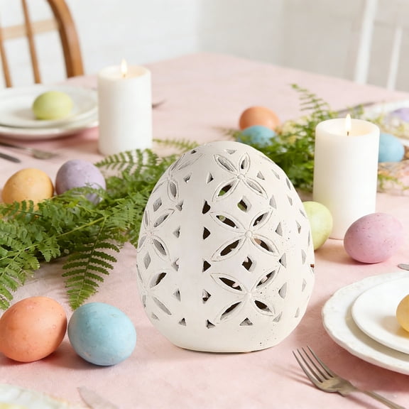Rustic Easter Egg Cloche – Pierced White Cutout Egg Lantern, Creates Warm Glowing Ambiance for Spring Table Settings, Perfect for Easter Brunch, Farmhouse Decor & Holiday Gatherings