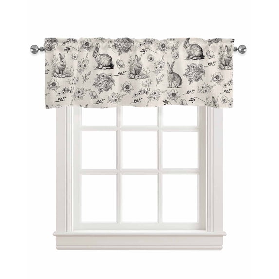 Rustic Easter Rabbits Linen Curtain Valance for Bedroom/Bathroom/Kitchen/Office/Living/Dining Room Windows,Vintage Black White Srping Floral Pocket Topper Drapes Decorative Cafe Drapery Panel 54x18