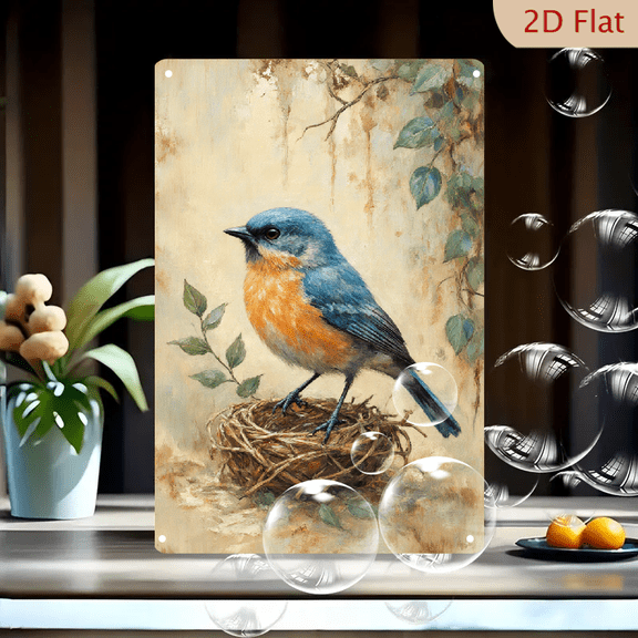 Rustic Eastern Bluebird Nest Art, 8x12 Inch Metal Wall Decor, Vibrant Sky Blue Bird on Twig Nest with Green Vines, Serene Nature Painting Print for Home Living Room