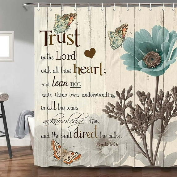 Rustic Elegant Teal Flower Shower Curtain, Bible Verse Inspirational Motivational Quote Waterproof Fabric Shower Curtain Set, Polyester Vintage Farmhouse Floral Bathroom Decor with Hooks 72x72 Inch