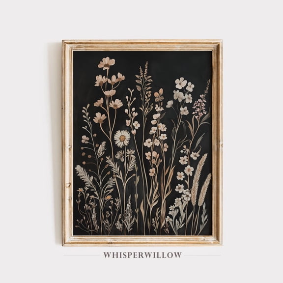 Rustic Elegant Wildflower Art, Neutral Modern Wall Decor, Black Background, Floral Illustration, Nature,Inspired Print Poster Decor, Size 8x12 UNFFRAMED F03.1.8l1781