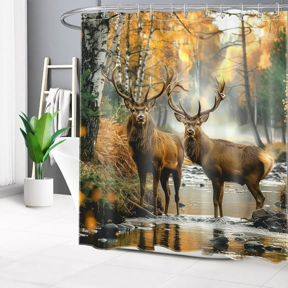 Rustic Elk Hunting Shower Curtain | Misty Pine Forest Deer Scene Bathroom Decor with 12 Hooks Durable Polyester Fabric 72x72 Inches for Cabin, Lodge, Nature-Themed Bathrooms