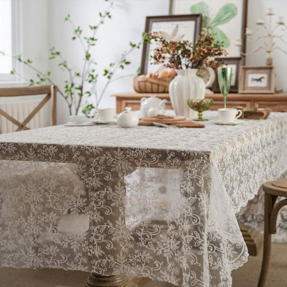 Rustic Embroidered Lace Coffee Table Cloth, White Decorative Table Cover, Cake Photography Background Prop, 130x160cm Nylon Spandex Fabric for Dining and Party Decor, Vintage Table Mat