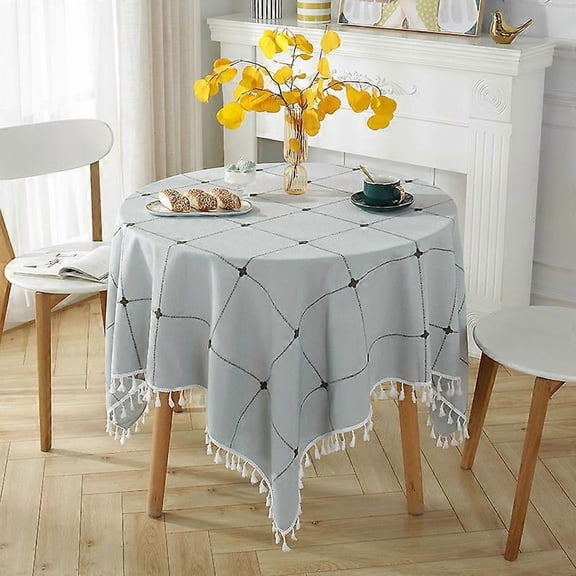 Rustic Embroidered Small Tablecloth Lattice Square Tassel Table Cover Dust-Proof for Kitchen Dining Picnic Party Home Decoration (Square, 47x47 Inch)