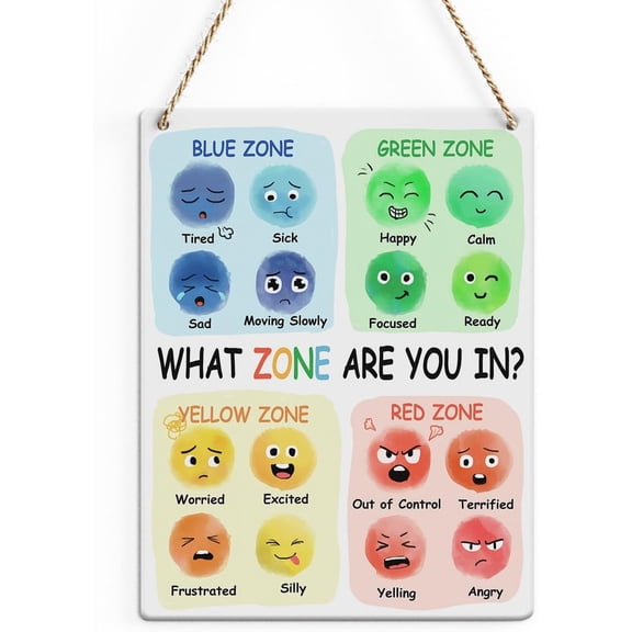 Rustic Emotions Chart Wood Decor Sign, Colorful Mental Health Printed Wood Sign Wall Art, Hanging Door Sign, Zones of Regulation Wood Sign Home Therapy Office Decor 8x10