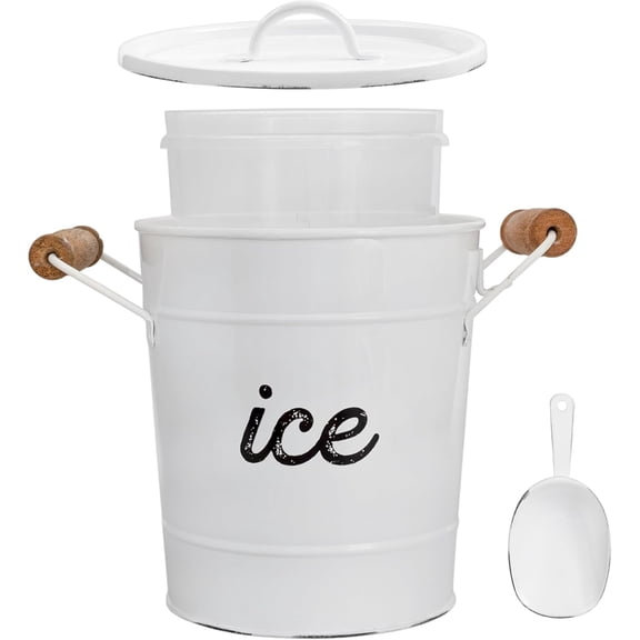 Rustic Enamelware Ice Bucket; White Farmhouse Style Insulated Ice Server