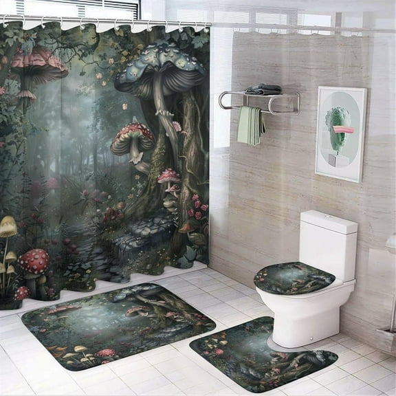 Rustic Enchanted Forest Mushroom Cabin 4 Pcs Shower Curtain,Abstract Gnome Colorful Mushroom Butterfly Shower Curtain Set Non-Slip Rugs Toilet Lid Cover Bath Mat 12 Hooks