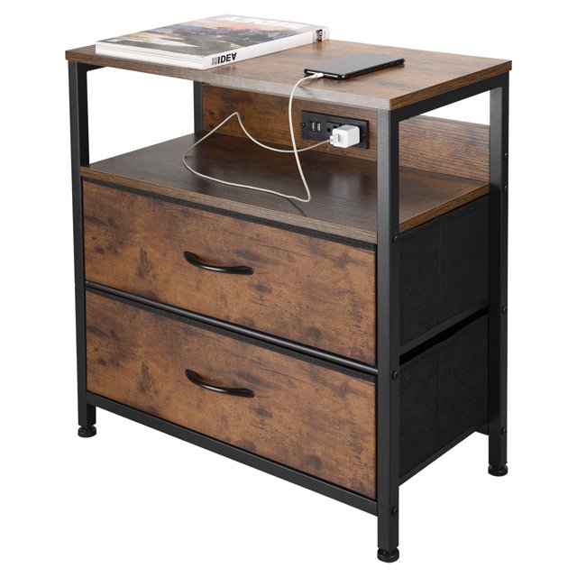 Rustic End Table with Charging Station & USB Ports, Narrow Side Console Table for Living Room