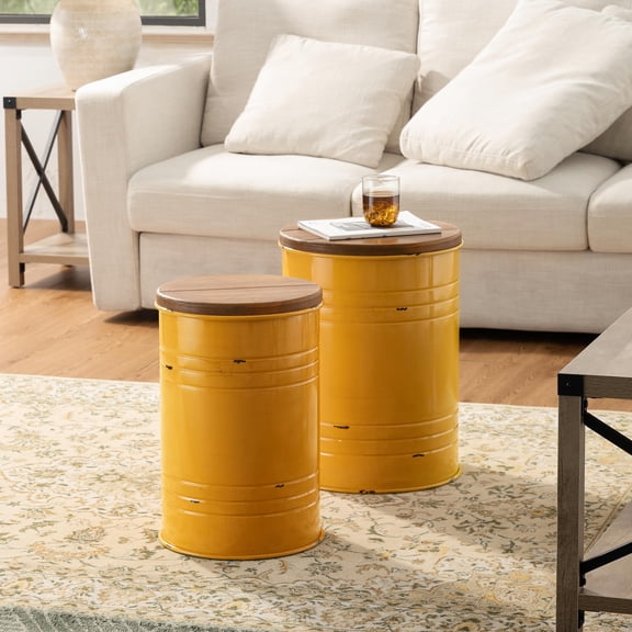 Rustic End Table Set of 2, Farmhouse Galvanized Metal Barrel Ottoman Storage Stool with Round Wood Lid for Living Room Furniture, Distressed White