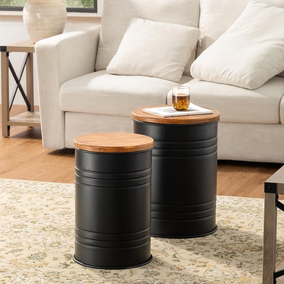 Rustic End Table Set of 2, Farmhouse Galvanized Metal Barrel Ottoman Storage Stool with Round Wood Lid for Living Room Furniture, Distressed White