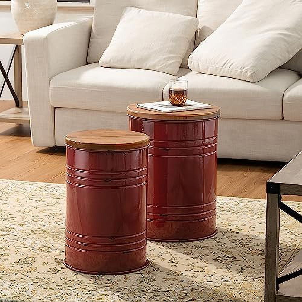 Rustic End Table Set of 2, Farmhouse Galvanized Metal Barrel Ottoman ...