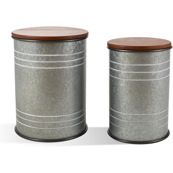 Rustic End Table Set of 2, Farmhouse Galvanized Metal Barrel Storage Stool with Round Wood Lid