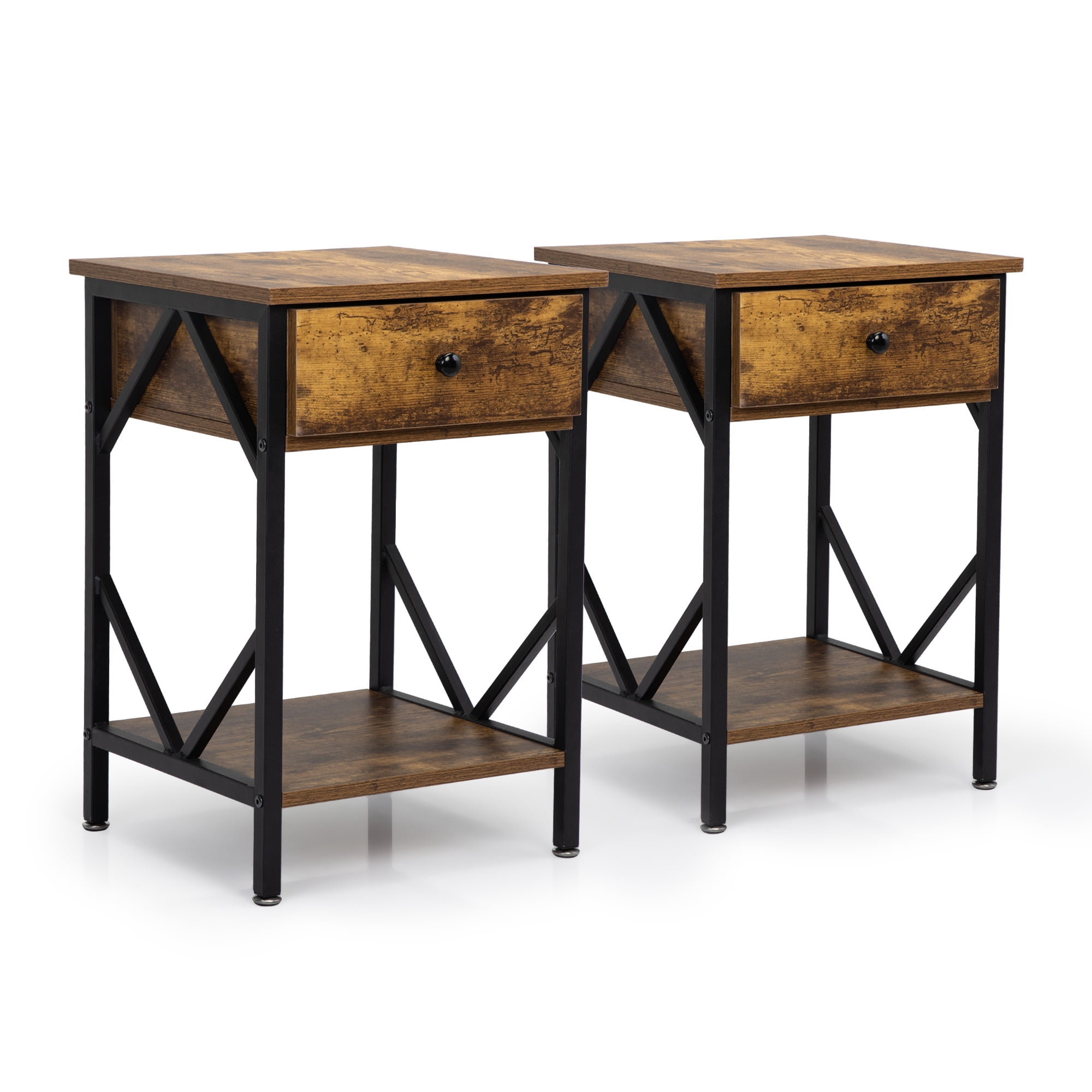 Rustic End Table Set of 2 with Drawer, Industrial Bedside Table Set of ...