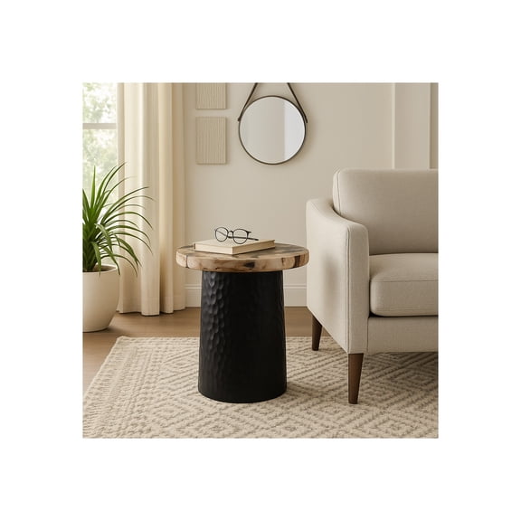Rustic End, Side Table, or Night Stand for Home Decor - Metal Bedside Table with Hammered Cylinder Base and Wood Top for Bedroom or Living Room Decor - Ideal for Small Spaces - 18" Brown & Black