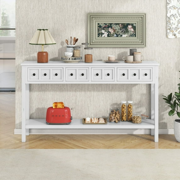 Rustic Entryway Console Table with 4 Drawers and Bottom Storage Shelf, Long, Narrow, Elegant Design Hallway Table with Wide Desktop, Solid Wood Sofa Table with Knobs & Square Legs, Antique White