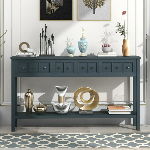 Rustic Entryway Console Table with 4 Drawers and Bottom Storage Shelf, Long, Narrow, Elegant Design Hallway Table with Wide Desktop, Solid Wood Sofa Table with Knobs & Square Legs, Navy